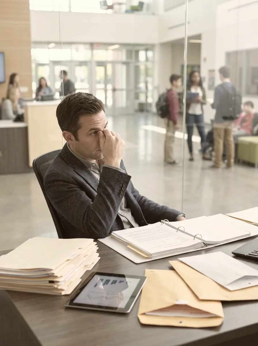 Un directeur d'école se frottant les yeux devant des piles de dossiers et d'enveloppes non ouvertes.