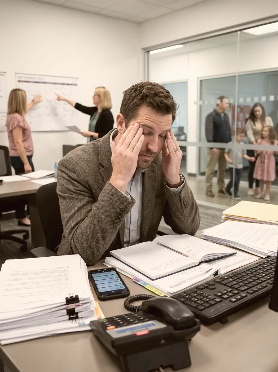 Un directeur d'école à son bureau, submergé de paperasse, pendant qu'une famille attend devant le bureau.